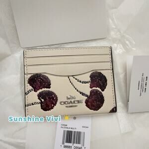 NWT Coach CDG88 SLIM ID Card Case Wallet Cherry Print Smooth Leather Chalk